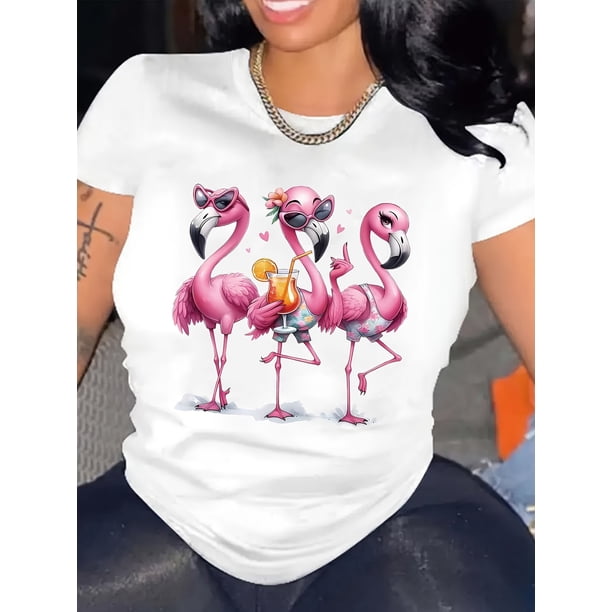 Women's Vibrant Purple Flamingo Graphic T-Shirt - Casual Short Sleeve Crew Neck Top, Polyester, Machine Washable, Perfect for Summer & Spring, Casual Wear|Fun Print Tshirt|Polyester Fabric