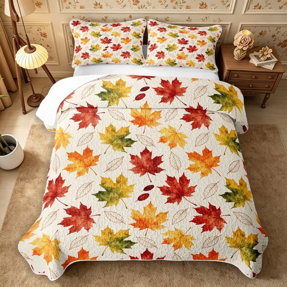 Erosebridal Maple Leaves Twin Quilt Set 2 Pieces,Fall Foliage Twin Coverlet Set,White Red Green,1 Bedspread and 1 Pillowcase