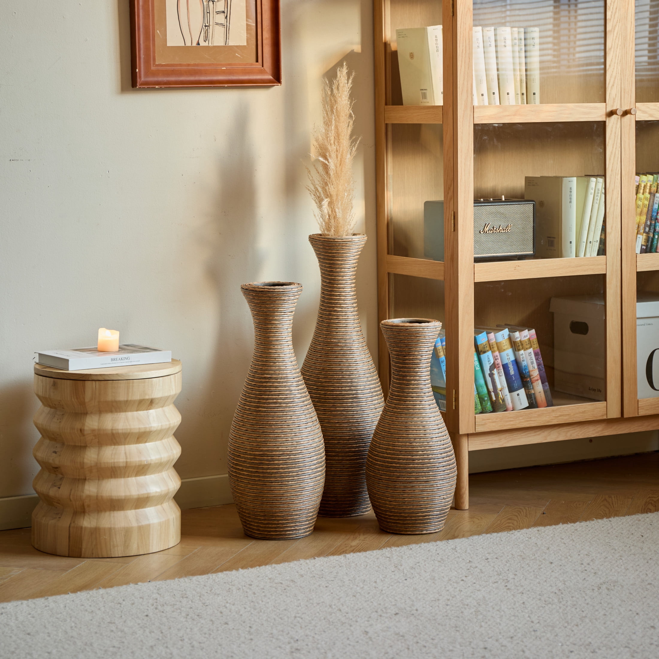 Noble House 3-Piece Rattan-Look PVC Floor Vase Set, Decorative Vases for Home Decor, Beige
