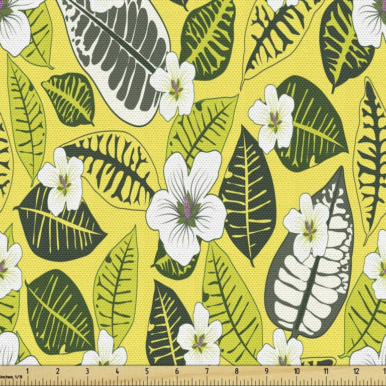 Tropical Fabric by the Yard, Aloha Themed Exotic Scene of Hawaiian Summer  Leaves and Flowers, Decorative Upholstery Fabric for Chairs & Home Accents