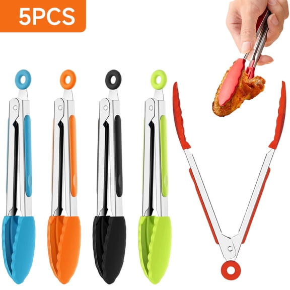 7 Inch Silicone Small Tongs Set, 5 Pcs Mini Kitchen Tongs With Silicone Tips Cooking Tongs Stainless Steel Food Tongs For Salad, Grilling, Frying, Cooking