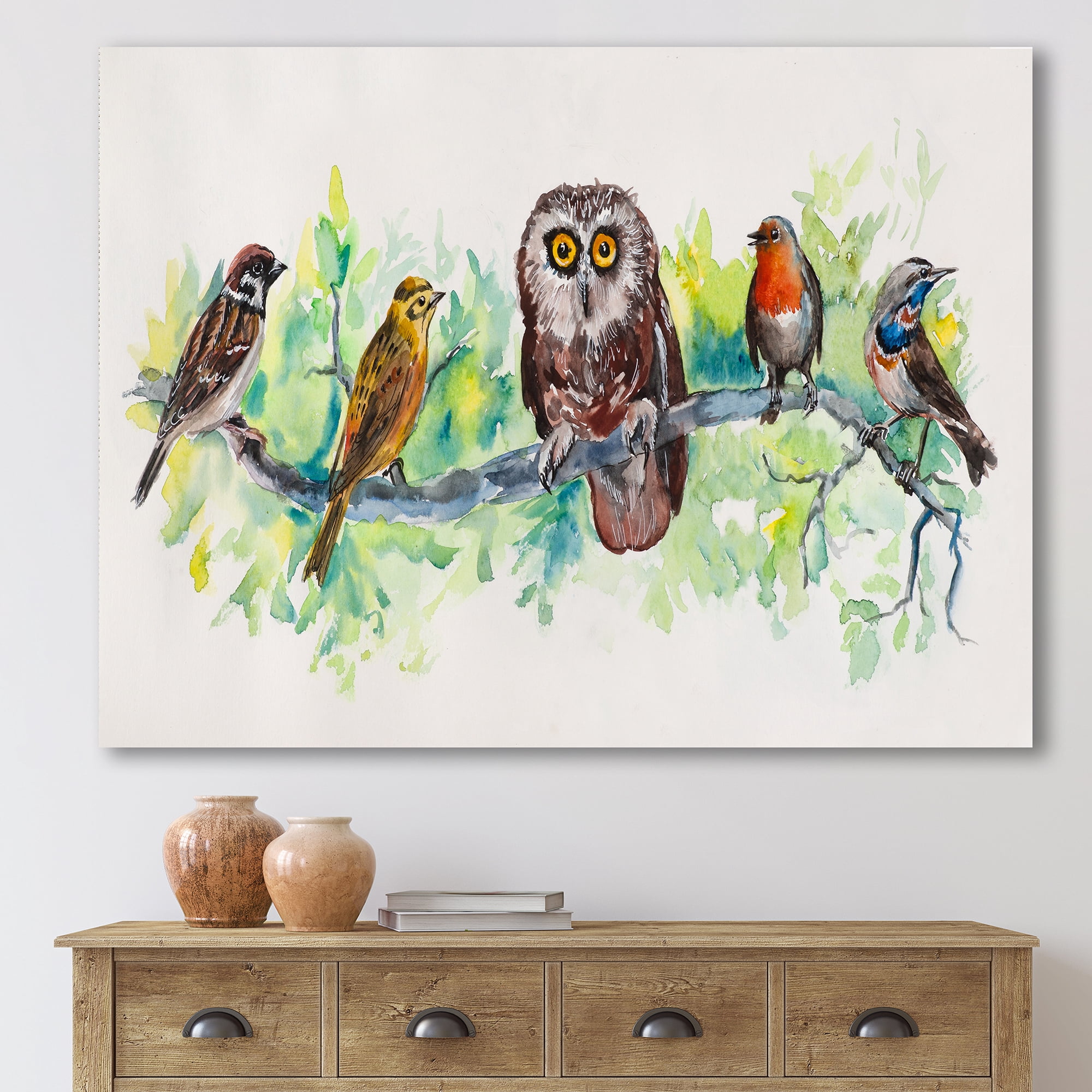 Designart ' Bird Friends With Owl On A Branch ' Traditional Canvas Wall Art Print