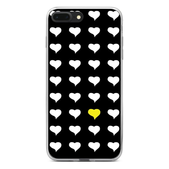 DistinctInk Clear Shockproof Hybrid Case for iPhone 7 PLUS / 8 PLUS (5.5" Screen) - TPU Bumper, Acrylic Back, Tempered Glass Screen Protector - Yellow White Black Repeating Hearts
