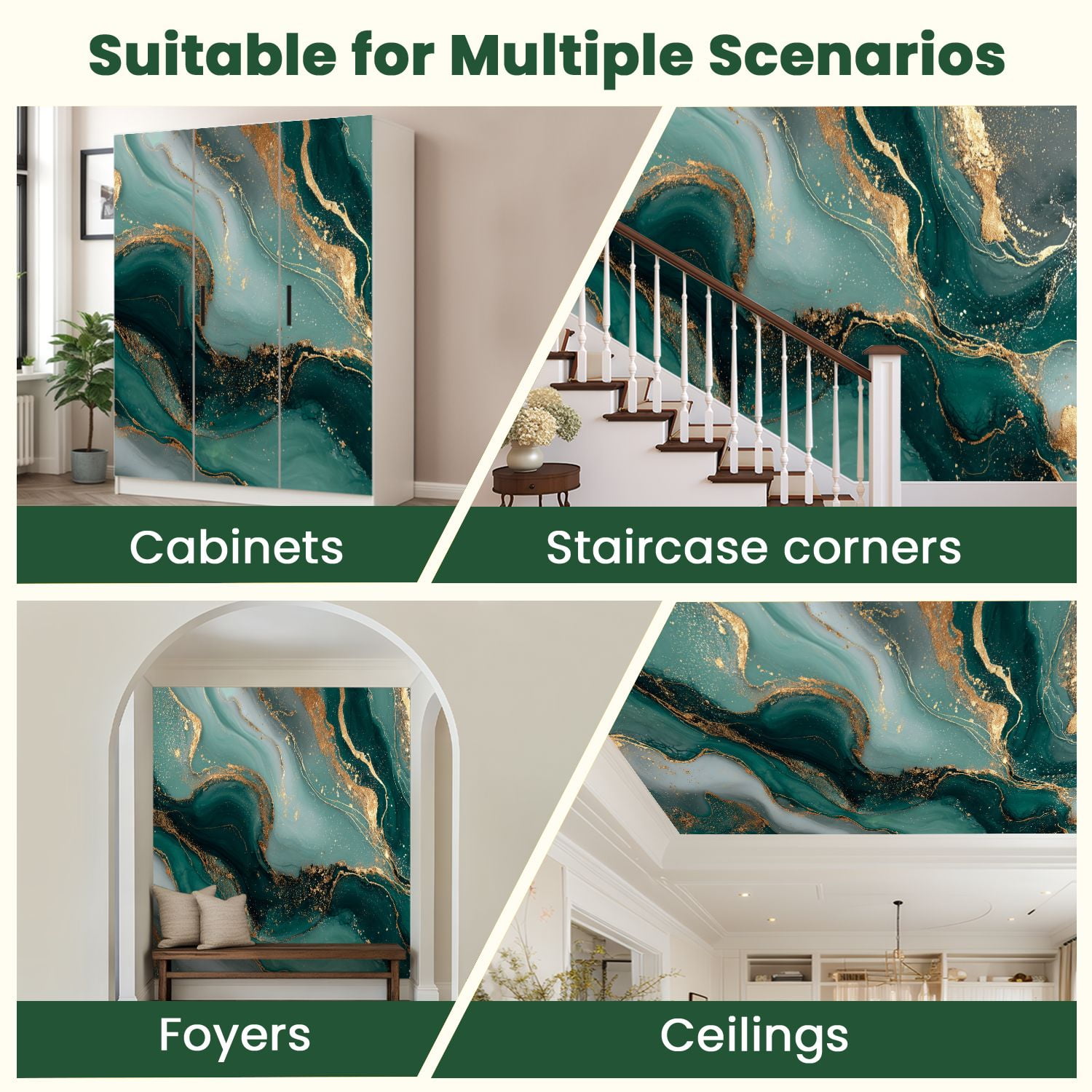Peel and Stick Wallpaper Green Gold Abstract Marble Gold Foil Emerald Green Dark Green Modern Modern Art Wall Mural Decor Self Adhesive and Removable 100in x 144in