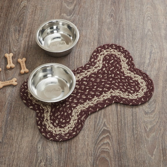 VHC Brands Burgundy Tan Indoor/Outdoor Pet Food Mat for Dogs Cats Kitchen Small Bone Rug 11.5x17.5