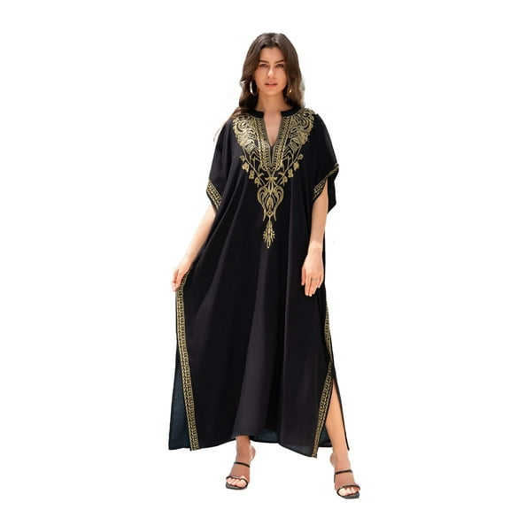 Womens Elegant Black Kaftan Dress Gold Embroidery V Neck Loose Maxi Gown Beach Resort Evening Party Wear
