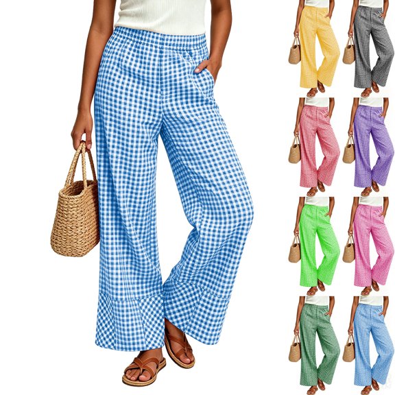Pants Dqueduo Women's Plaid Wide-Leg Pants with Pockets – Casual Trousers Blue L