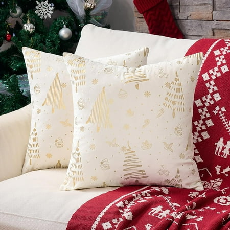 

Christmas Pillow Covers 16x16 Set of 2 Cream Velvet Throw Pillow Cover Gold Xmas Tree Cushion Pillow Cases for Couch Bedroom Livingroom Merry Christmas Winter Holiday Home Decoration