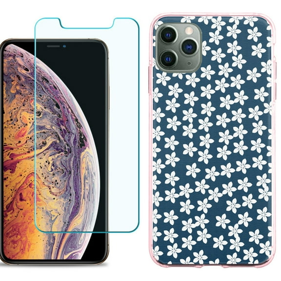 For Apple iPhone 11 Pro Max Case , Slim-Fit TPU Protective Phone Case (Pink Bezel) with Tempered Glass Screen Protector, by OneToughShield ® - Flower/Blue
