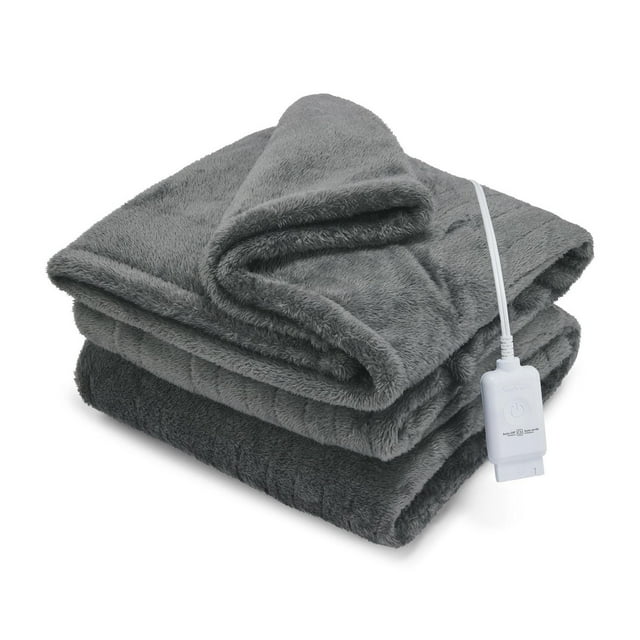 Sunbeam Throw Arctic Plush Eco-Throw electric heated blanket in slate color, folded to display soft arctic plush fabric and attached white push-button controller with 4 heat settings and 4-hour auto shut-off, sized 50" x 60", suitable for cozy warmth in living spaces.