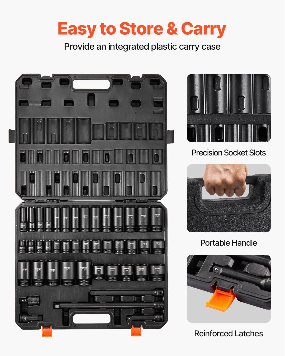 VEVOR 1/2" Drive Impact Socket Set, 43 Piece Deep & Shallow Socket Set SAE 3/8" to 1-1/2", 6 Point Cr-Mo Alloy Steel for Auto Repair, Easy-to-Read Size Markings, Rugged Construction, Storage Case