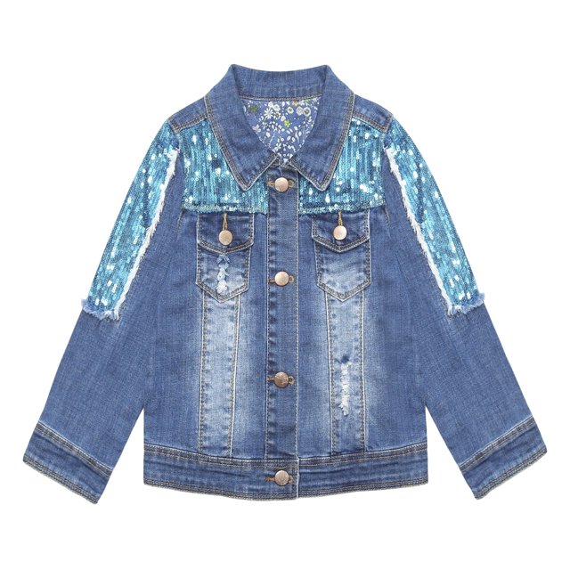 KIDSCOOL SPACE Little Girl Blue Sequin Ripped Jean Outfit Jacket,5-6 Years