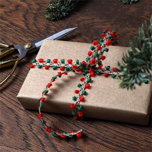 Cinta de flores para envolver regalos y decorar en Navidad | Cinta de pompones rojos y verdes para envolver cajas de pasteles | Decoración para fiestas navideñas en interiores