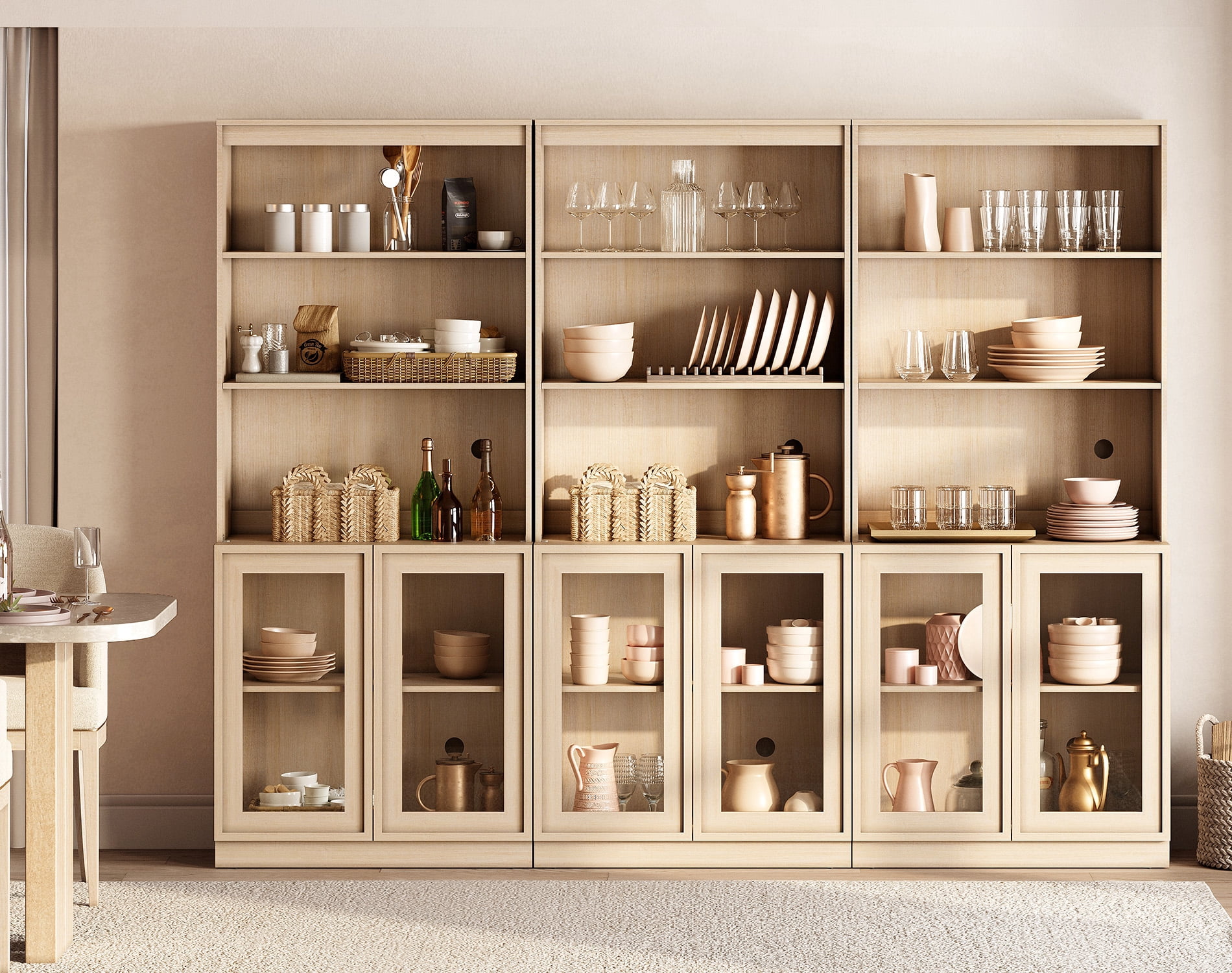 Modern 72" Tall Sideboard Buffet Cabinet, Glass Door Storage Cabinet with Adjustable Shelves, Open & Closed Layered Wood Console Cabinet for Dining Room Living Room Entryway,Beige