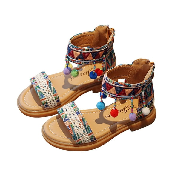 Mepaouo Girls' Sandals Open Toe Summer Beach Shoes Bohemian Tassel Strappy Gladiator Flats Sandal