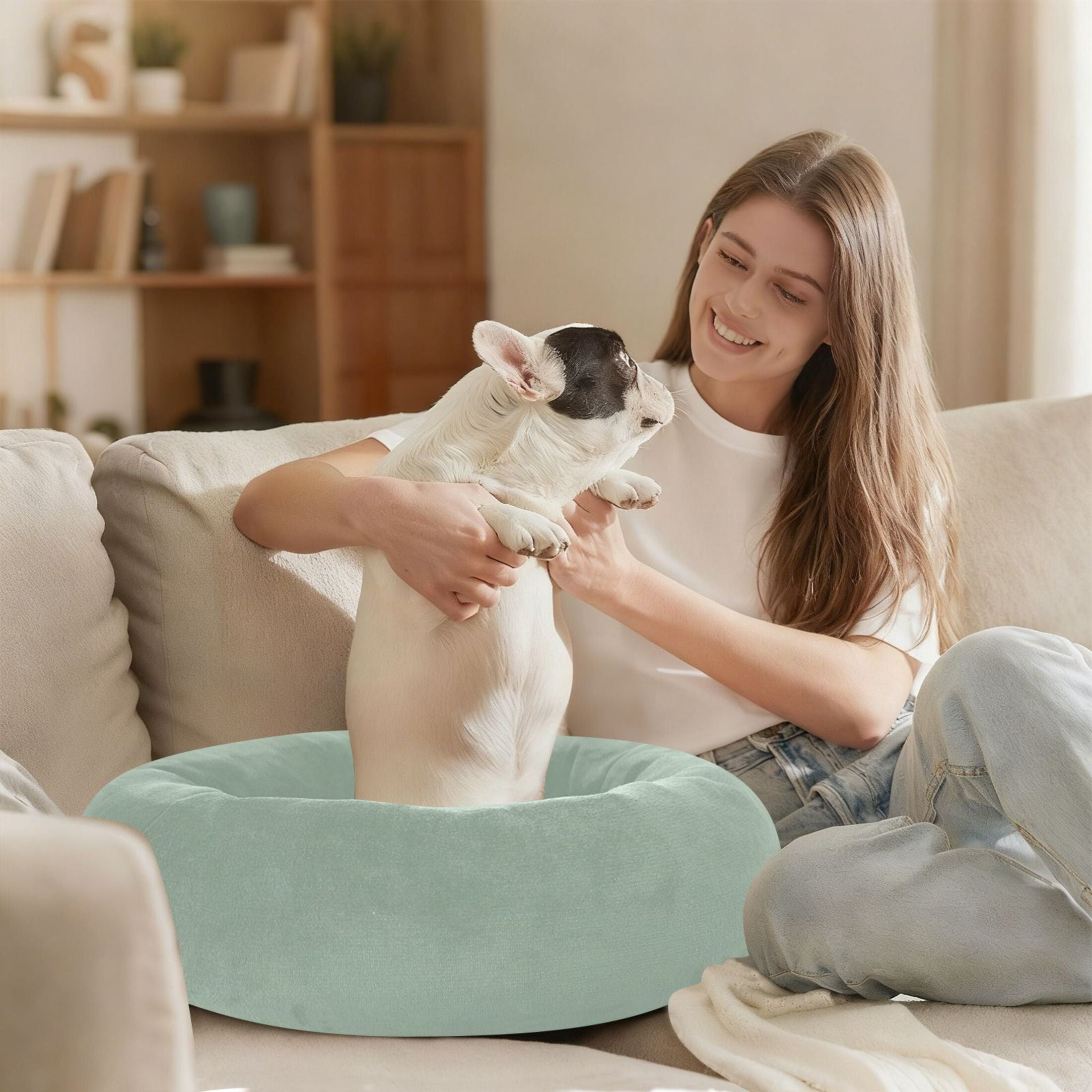 Iauyy Pet Couch Donut Cat Bed for Indoor Cats/Small Dogs Washable & Machine with Non-slip Bottom Calming Cat Furniture, Light Gray Background (M)