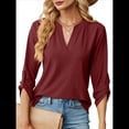thumbnail image 1 of Blusas Elegantes e Informales para Mujer, Camisetas de 3/4 con Cuello en V y Mangas Enrollables. Vino Tinto L, 1 of 10