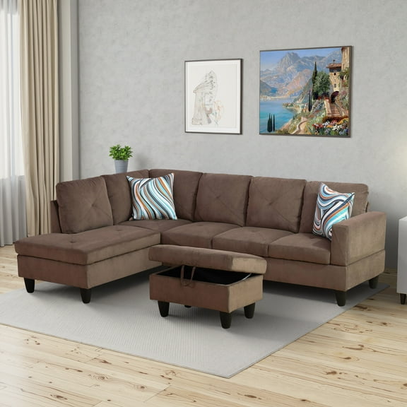 MAYEERTY Brown Sackcloth Fabric 3-Piece Living Room Sofa Set