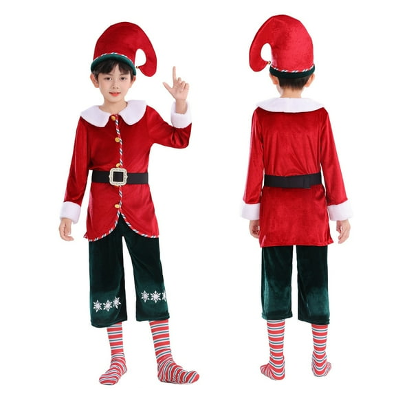 Elf Outfit for Kids Long Sleeve Top Pants Hat Set Party Dress Up Boys Christmas Outfit 7-8 Years