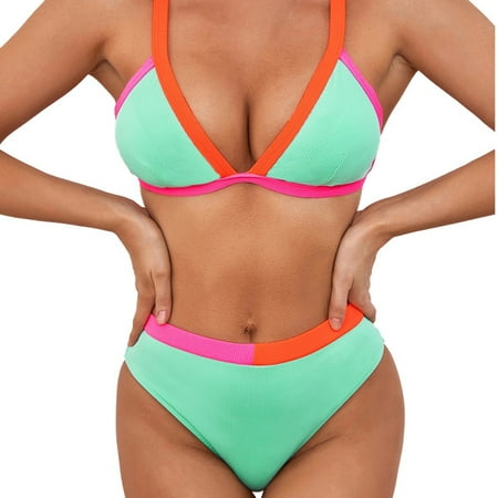 Gubotare High Waisted Bikini Sets for Women Bikini Set for Women Solid V Neck Knot Front Push Up High Leg Thong Two Piece Swimsuit (Green S)