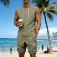 thumbnail image 5 of Mens Linen Sets 2 Piece Outfits Lace up Sleeveless Shirt and Medieval Viking Pirate Shorts Set Vacation Outfit for Men Summer Beach Suits Big and Tall Size S-3XL Army Green, 5 of 9