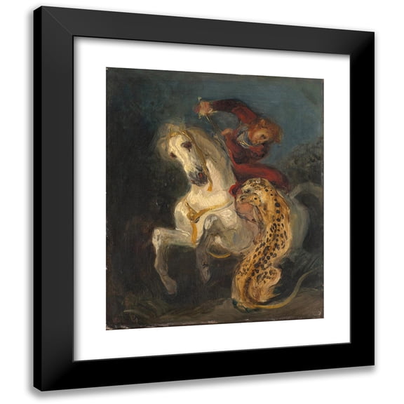 Eugène Delacroix 12x14 Black Modern Framed Museum Art Print Titled - Rider Attacked by a Jaguar (1855)