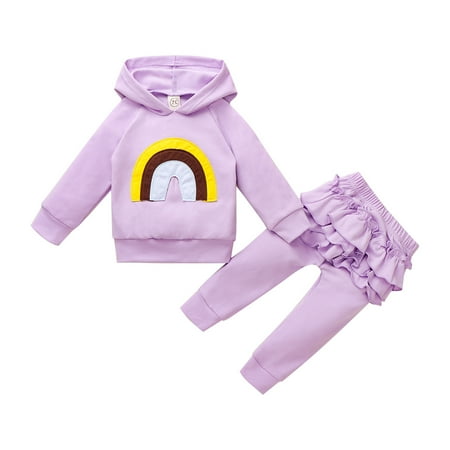 

Honeeladyy Winter Infant Baby Girls Rainbow Pullover Hoodie Tops+Ruffles Pants Outfits Purple Discount