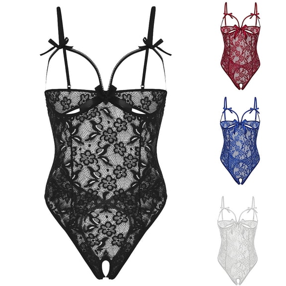 Hkoxplj Women Lace Bodysuit Spaghetti Strap Floral Lace One Piece Bodysuit With Bow Decor Hollow‑Cut Bodysuit Outfit For Honeymoon Night Celebration Special Occasion