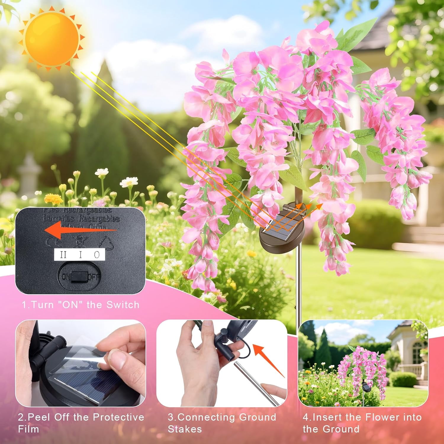 Ninonly 2 Pack Solar Garden Lights Outdoor, 2 Lighting Modes Solar Wisteria Flowers Lights Outdoor Waterproof for Landscape Courtyard Lawn Decor