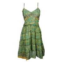 Mogul Bohemian Green Sari Vintage Dress Spaghetti Strap Recycled Printed Beach Gypsy Dresses S/M