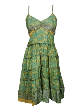 Mogul Bohemian Green Sari Vintage Dress Spaghetti Strap Recycled Printed Beach Gypsy Dresses S/M