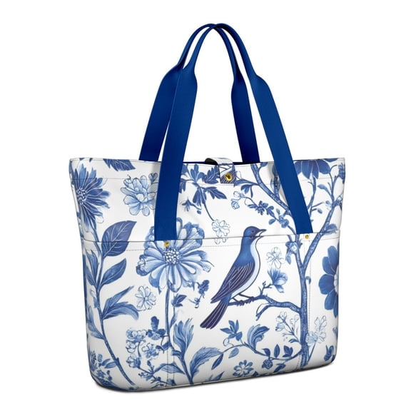 Tote Bag for Women - Blue Pioneer Flower and Bird Shoulder Bag - Large Utility Work Duffle Bag with Zipper Handbag for Travel, Work, Sprots