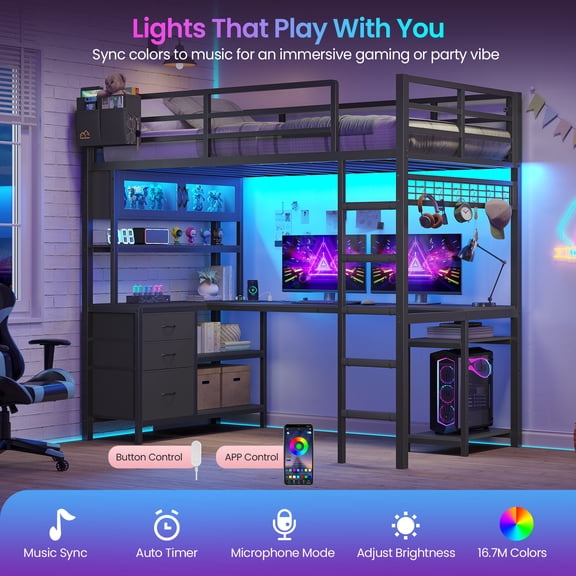 Metal Loft Bed Frame Twin Size with LED Lights, Charging Stations, Glass Cabinet & Hutch, Loft Twin Bed with L-Shaped Gaming Desk & 3 Drawers & Ladder, Large Loft Beds for Teens, Black