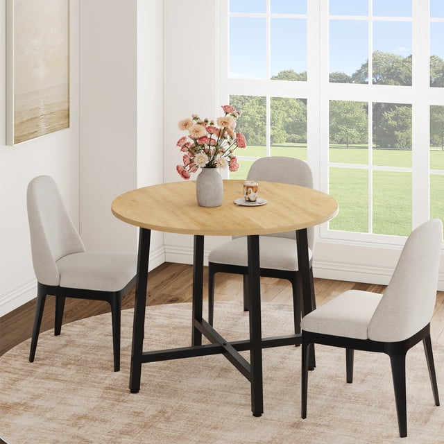 31.5" Round Dining Table Seats 2-4, Wood Top Metal Frame, Space Saving Kitchen Table, Chairs Not Included