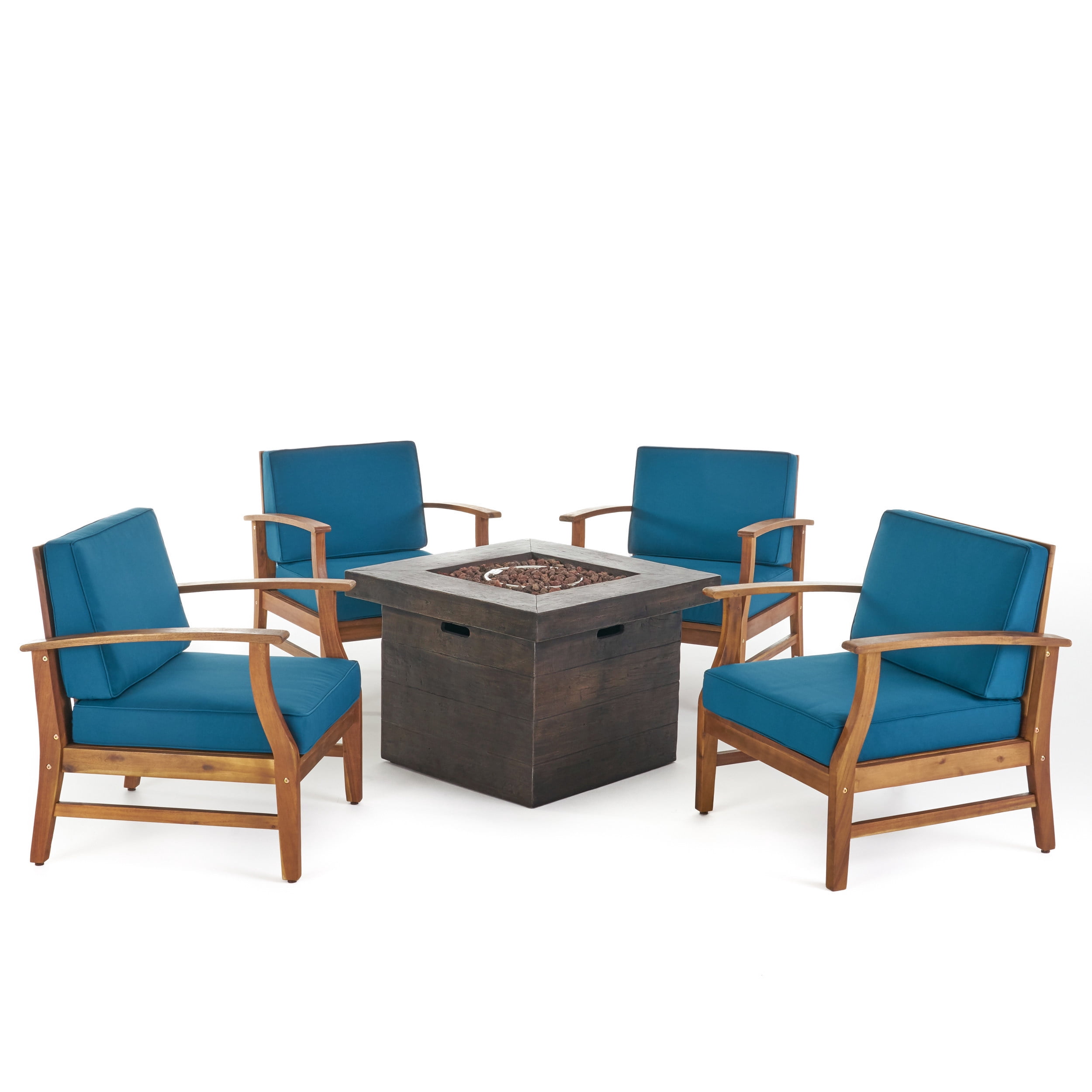 Karla Outdoor 4 Seater Acacia Wood Club Chairs with Cushions and Fire Pit,Brown,Teak,Blue