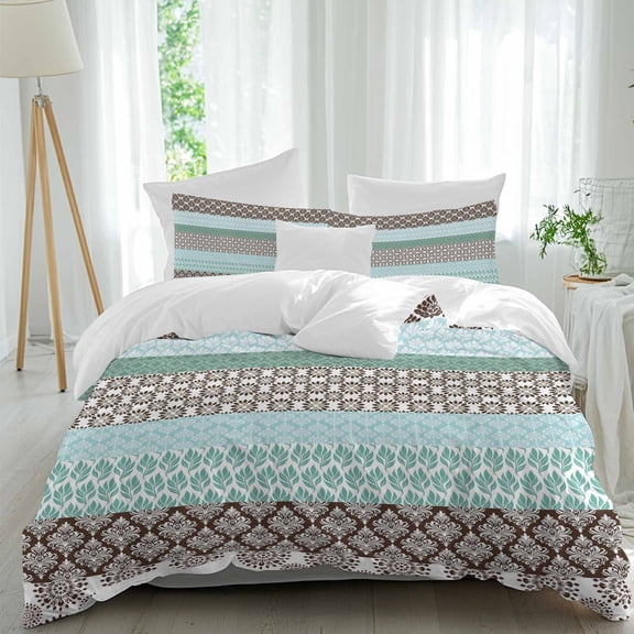 3 Piece Boho Geometric Duvet Cover Set Twin Size, Microfiber Comforter/Quilt Cover with Corner Ties and 2 Pillowcases, Turquoise Green Brown Tribal Stripes All Season Soft Bedding with Zipper Closure