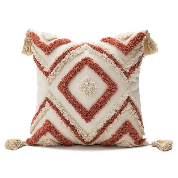 Namzi Boho Tufted Decorative Throw Pillow Cover, Cozy Bohemian Cotton Canvas Cushion Cover Tassels Pillow Case Home Decor 18*18inch,Red