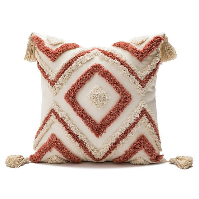 Nvzi Funda de almohada decorativa con mechones bohemios, acogedora funda de cojín de lona de algodón bohemia con borlas, funda de almohada para decoración del hogar de 18 x 18 pulgadas, color rojo