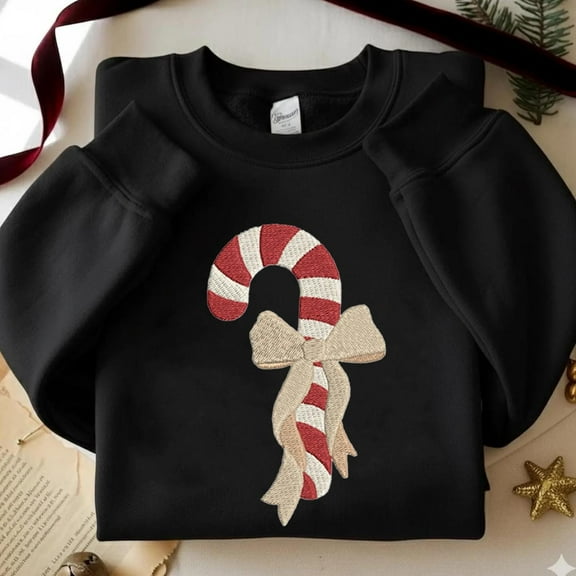 EMBROIDERED Candy Cane Christmas Coquette Bow Shirt, Candy Cane Bow Embroidery Sweatshirt, Coquette Xmas T-shirt, EMBROIDERED Holiday Shirt