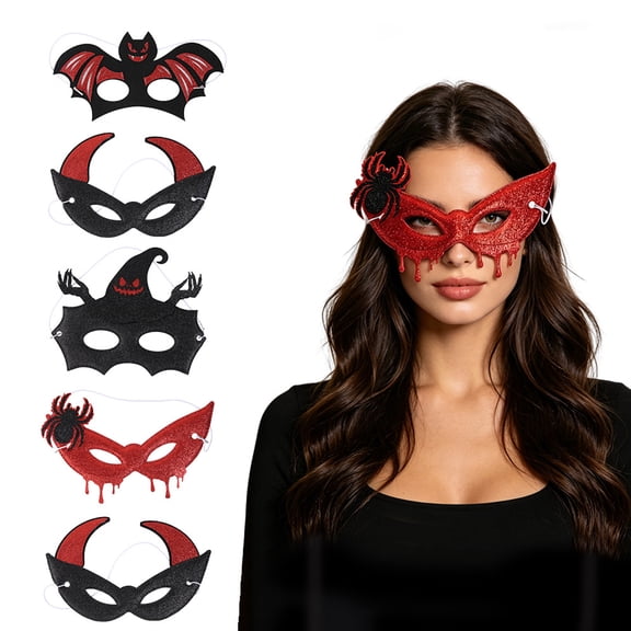 Zydvens Glitter Halloween Mask Set for Adults - Demon Bat Spider Skeleton Half Face Mask Halloween Costume Masquerade Party - Pack of 5 Glittery Halloween Masks for Adults