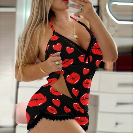 

〖TOTO〗Women Pajama Sets Sling Womens Camouflage Lips Floral Printing Camisole Shorts 2 Piece Set Sleepwear Lace Backless Trim Lingerie Hot Pants Suit