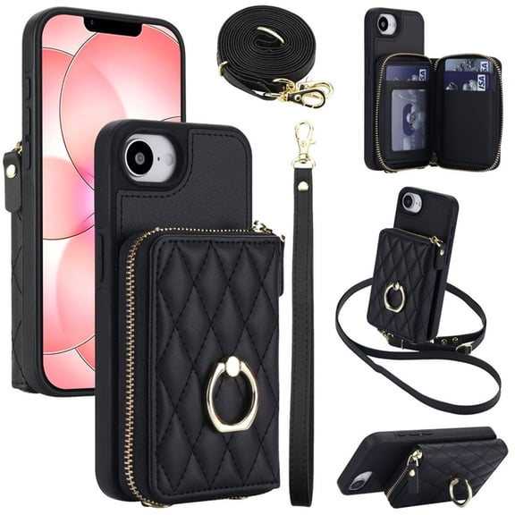 For Apple iPhone 17e / 16e RFID Blocking Wallet Case Magnetic Flip Cover Multi-Card Slots Zipper Pocket With 360 ° Rotating Ring Holder Detachable Shoulder Strap And Wrist Strap,Black