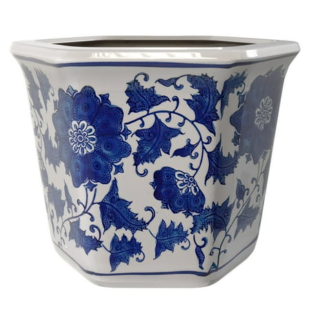 12" Hexagonal Flower Pot - Blue and White Floral