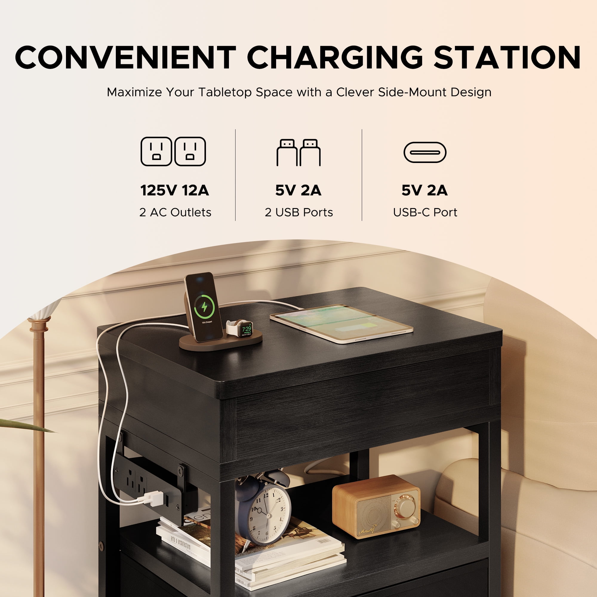 Bestco Nightstand with Sliding Top Modern End Table with Charging Station & 2 Drawers Black