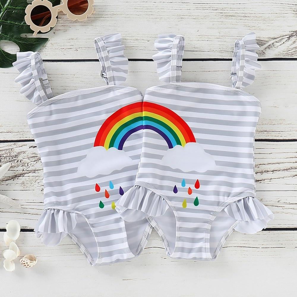 Baby Girls Sister Ruffle Stripe Swimsuit Twins Matching Swimwear Rainbow Print Bathing Suit Onesie 