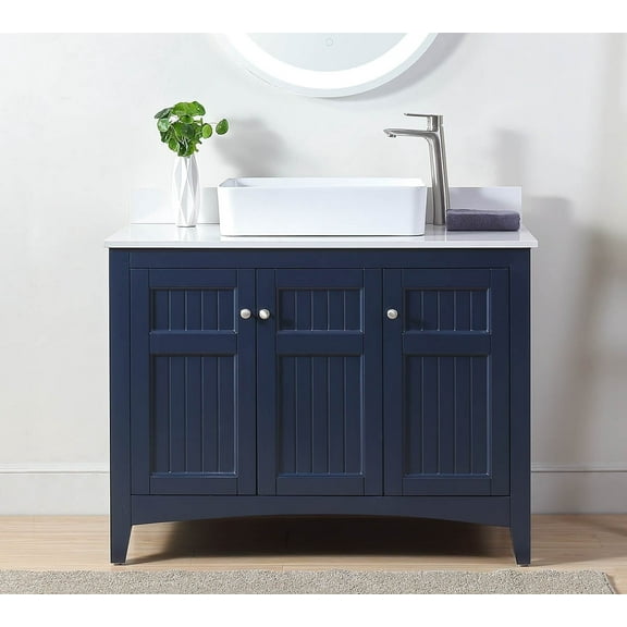 Benton Collection 42" Vessel Sink Farmhouse Navy Blue Bathroom Vanity with White Quartz Top