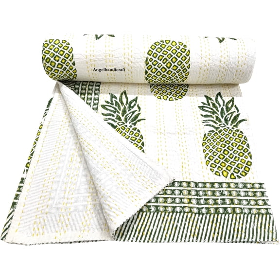 Handmade Block Print Kantha Bedspread Reversible Indian Bedding Throw Coverlet Soft Cotton Kantha Sofa Decor Quilt
