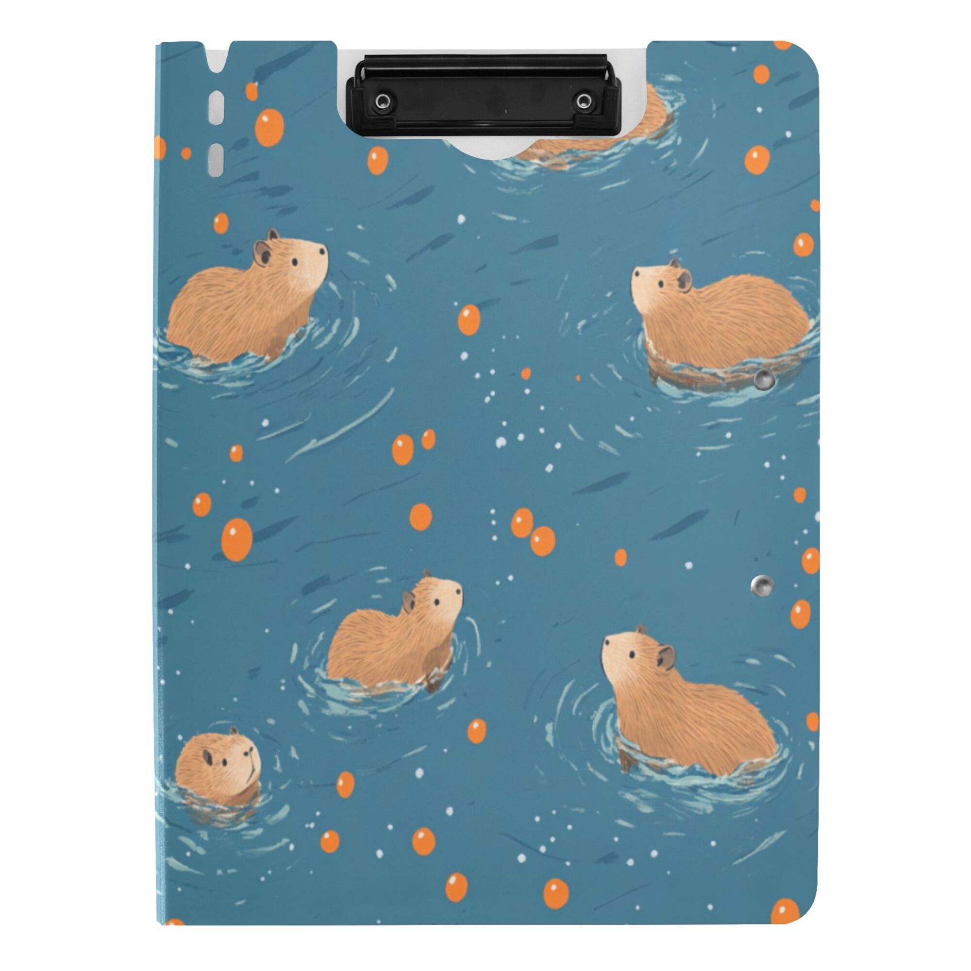 FORMRS A4 Clipboard Folder with Pen Holder Horizontal Foldable School Office Binder, Capybaras Swimming
