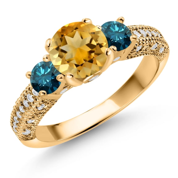 Gem Stone King 18K Yellow Gold Plated Silver Yellow Citrine Blue Diamond and White Moissanite Engagement Ring for Women (1.92 Cttw, Gemstone November Birthstone, Round 7MM and 4MM, Size 8)