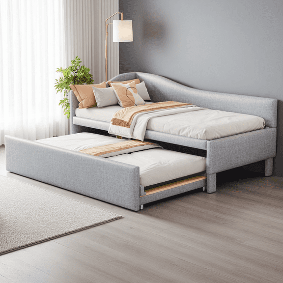 Twin Upholstered Daybed with Pop Up Trundle, L-Shaped Backrest Convertible to King Size, Linen Fabric, No Box Spring Needed, for Guest Room, Living Room, Dorm, Gray